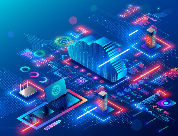 IT Cybersecurity Network graphic displaying cloud and on prem devices