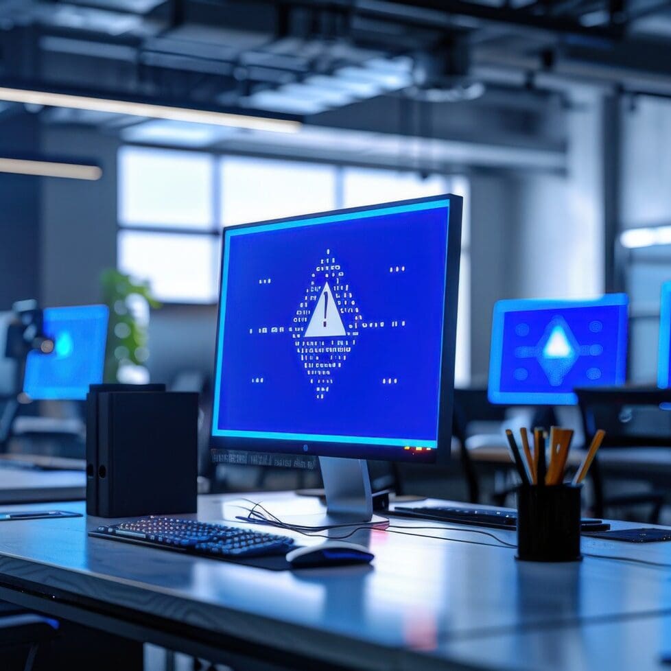 Locked computer with blue screen showing example of cybersecurity breach 